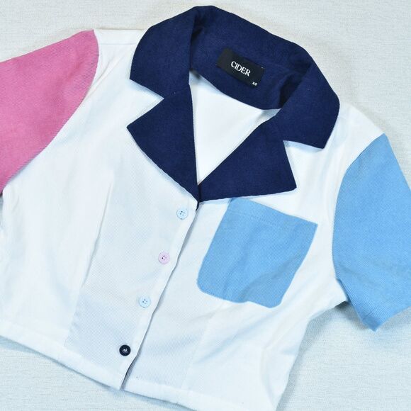 Cider Tops - Cider Womens Colorblock Cropped Short Sleeve Button Up Shirt Top Pastel XS